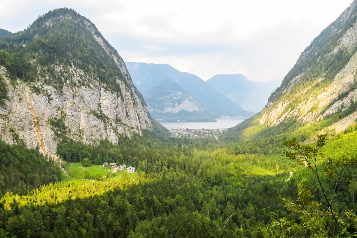 Blick auf das grüne Echerntal im Dachsteingebiet mit Blick Richtung See